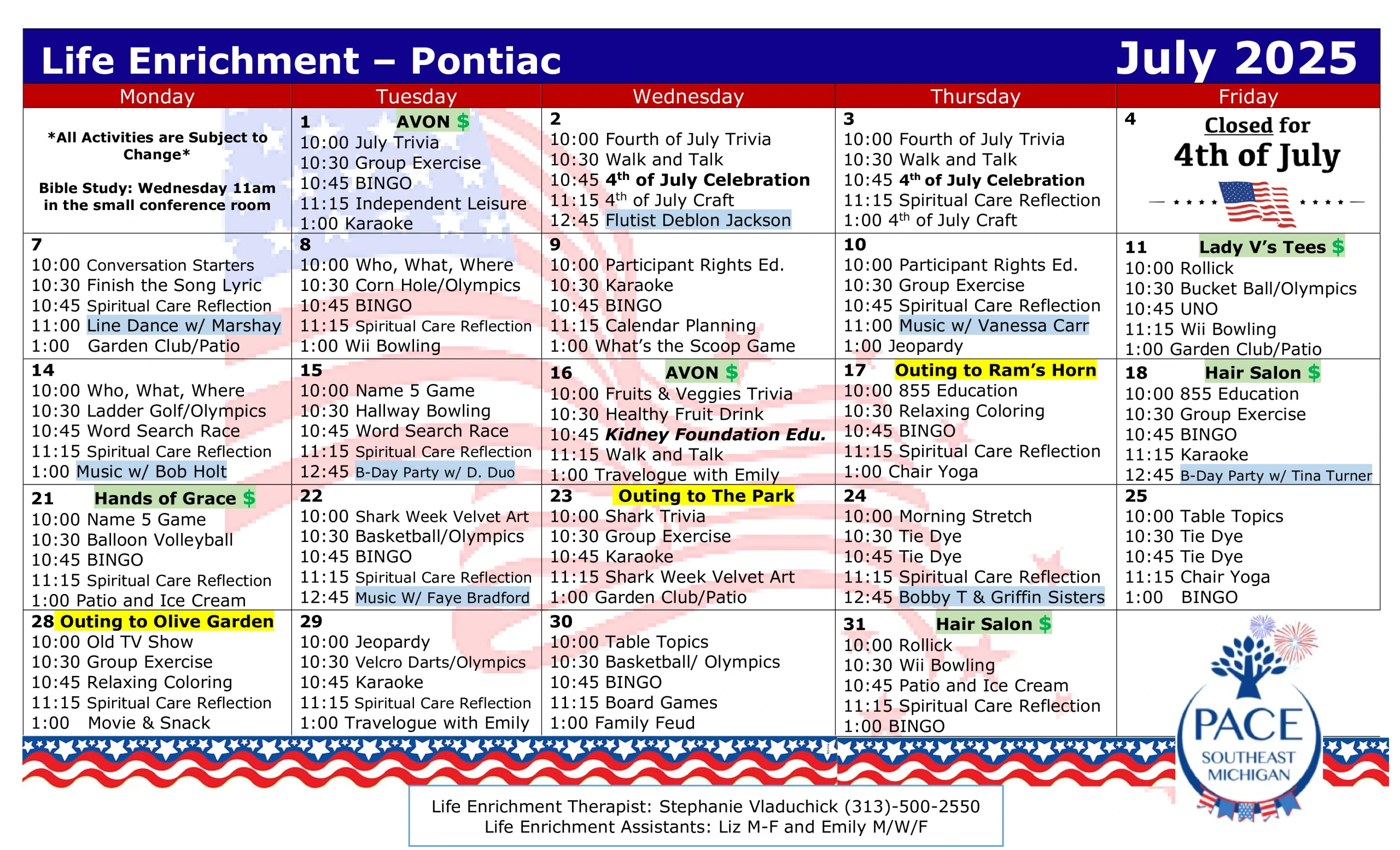 Pontiac July Activity Calendar