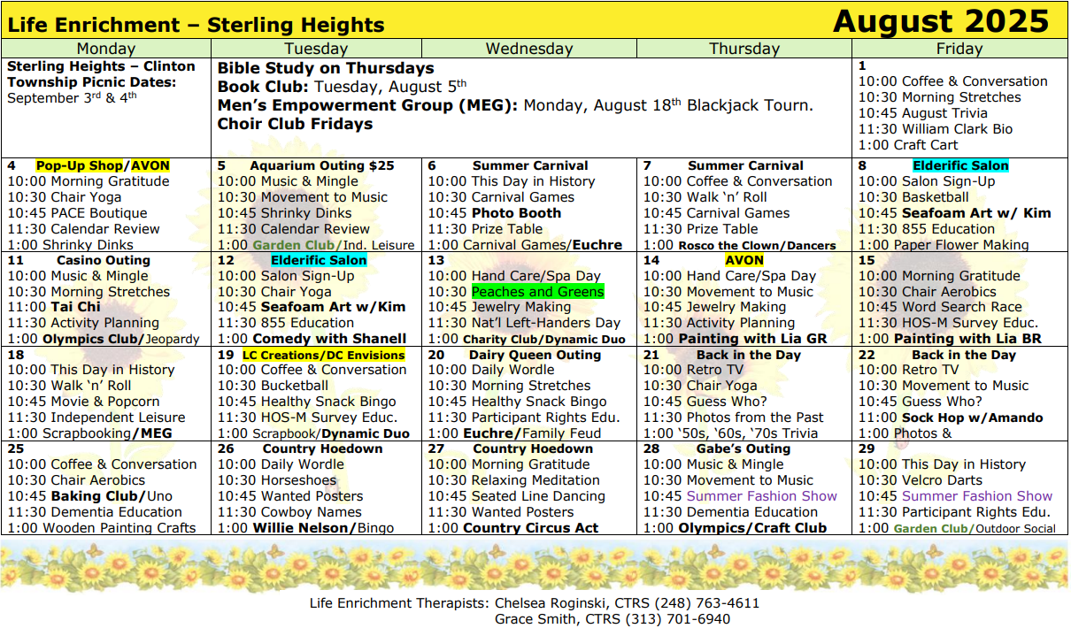 Sterling Heights Center August Activity Calendar