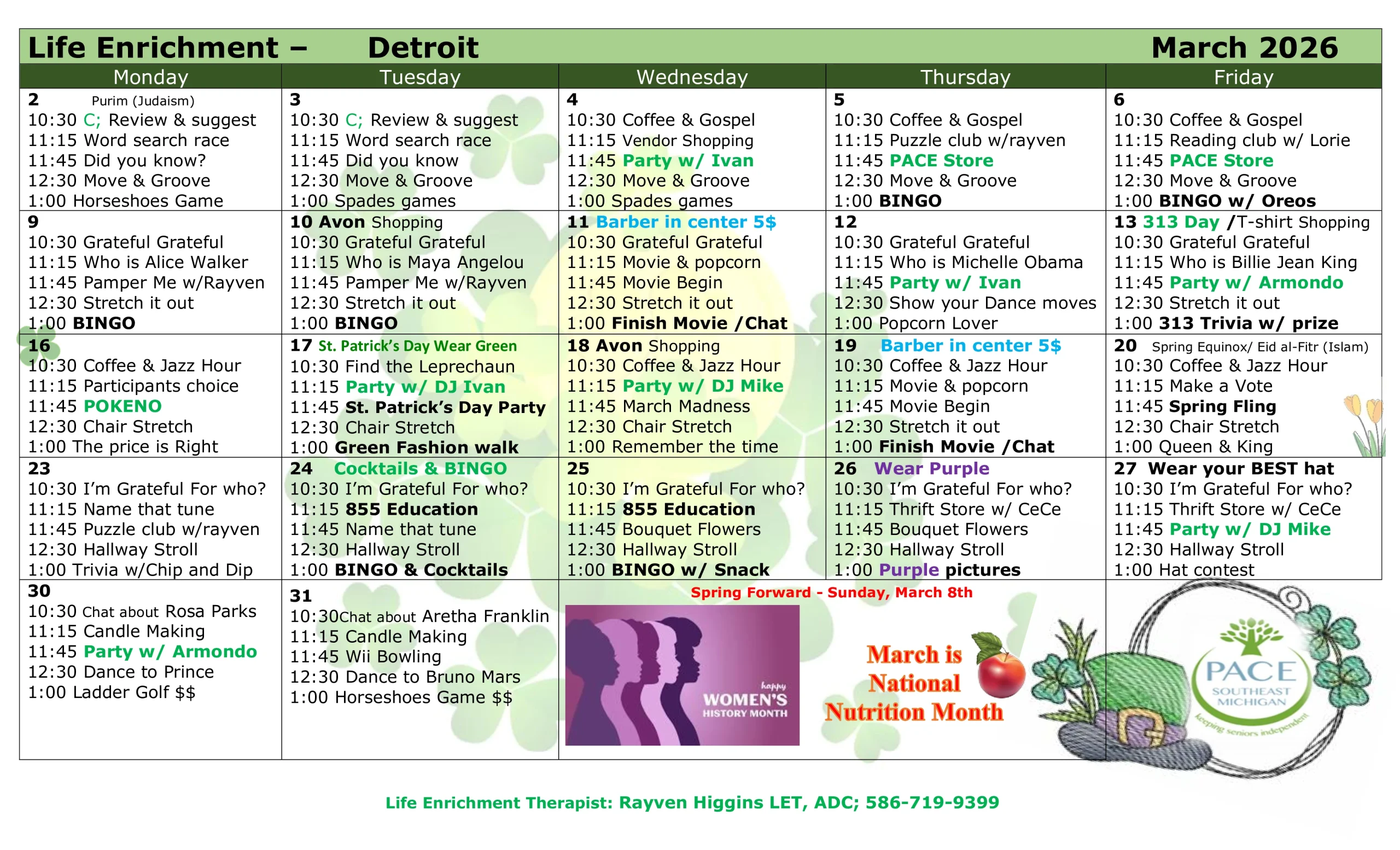 March 2026 Activity Calendar - Detroit