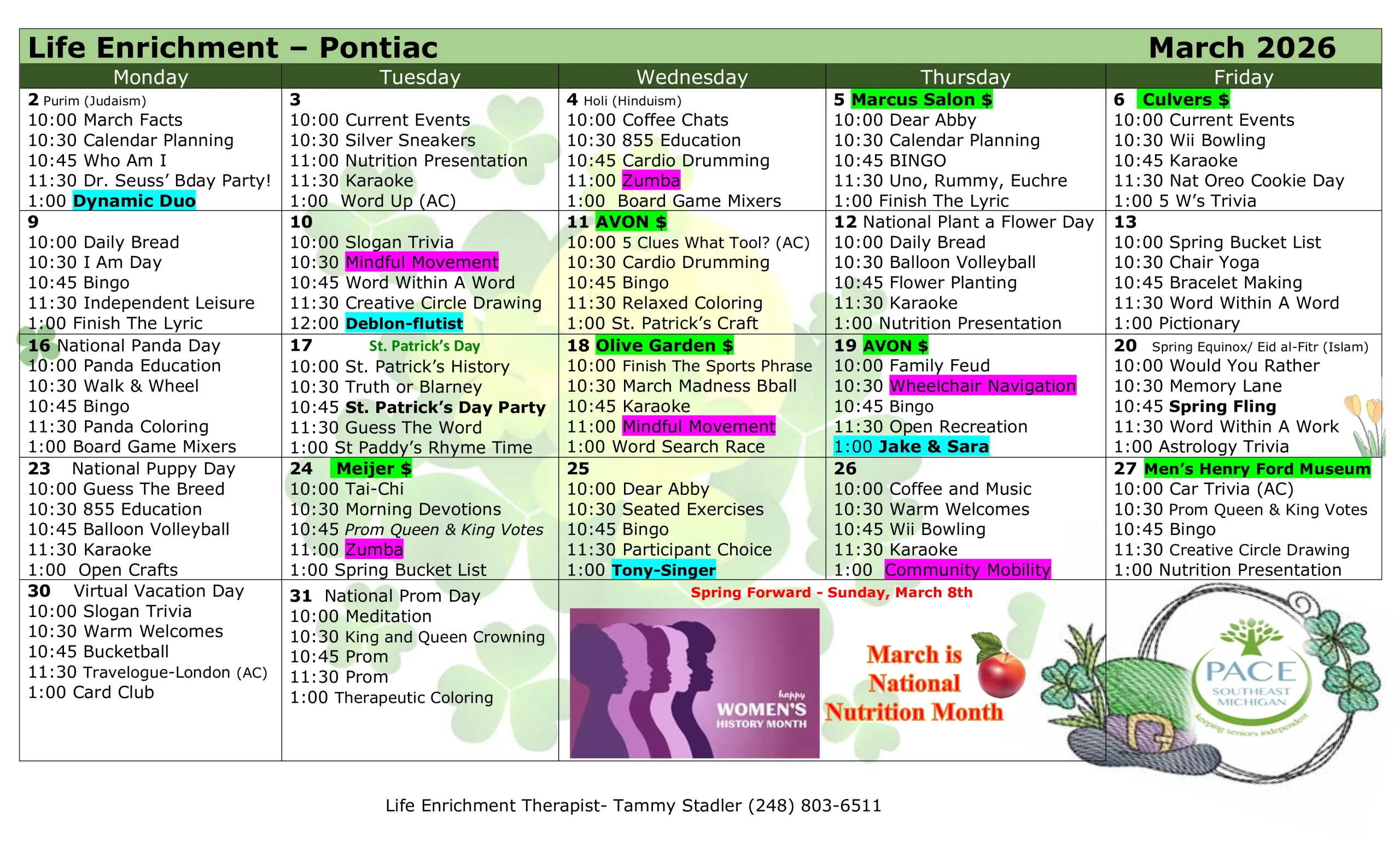 March 2026 Activity Calendar - Pontiac