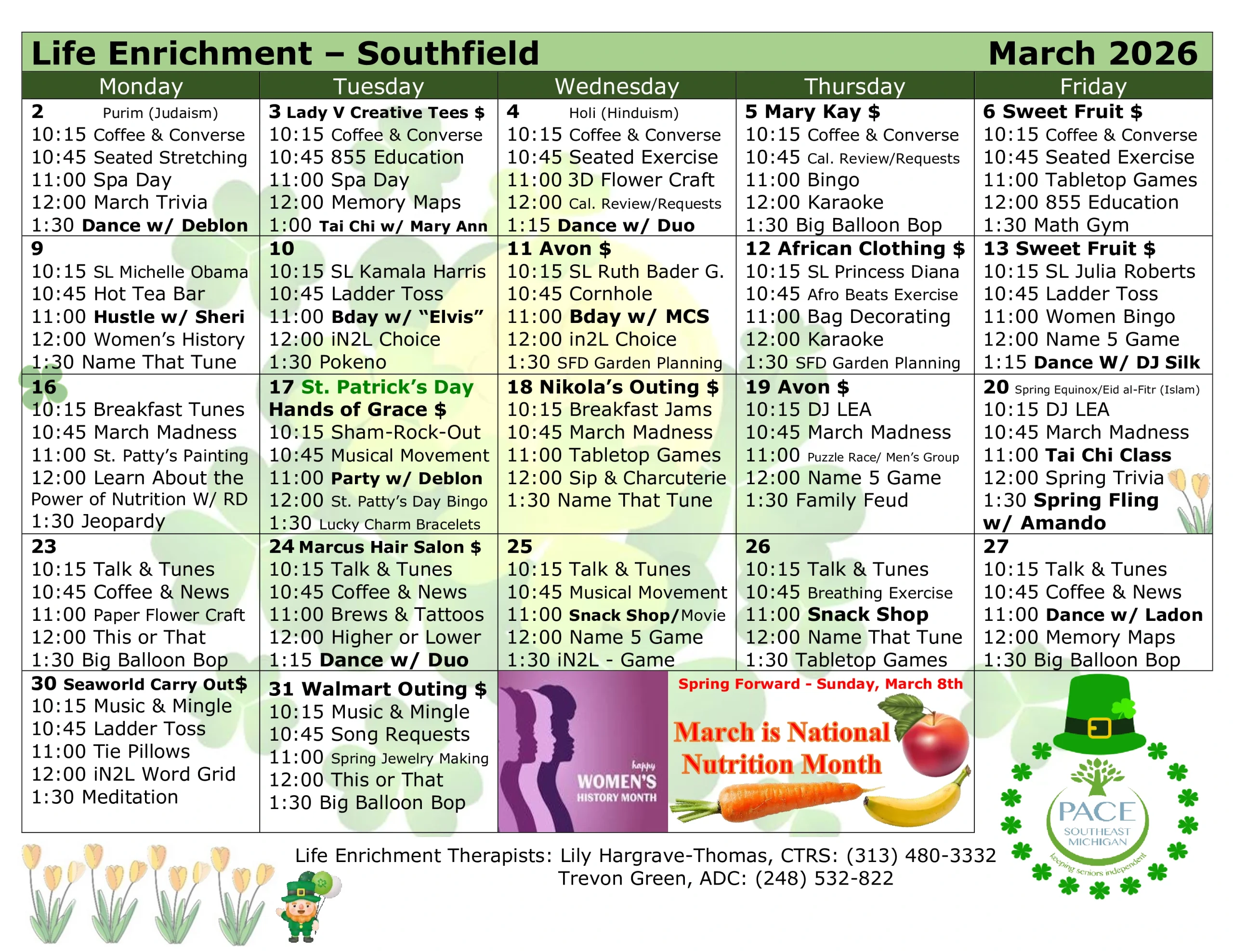 March 2026 Activity Calendar - Southfield