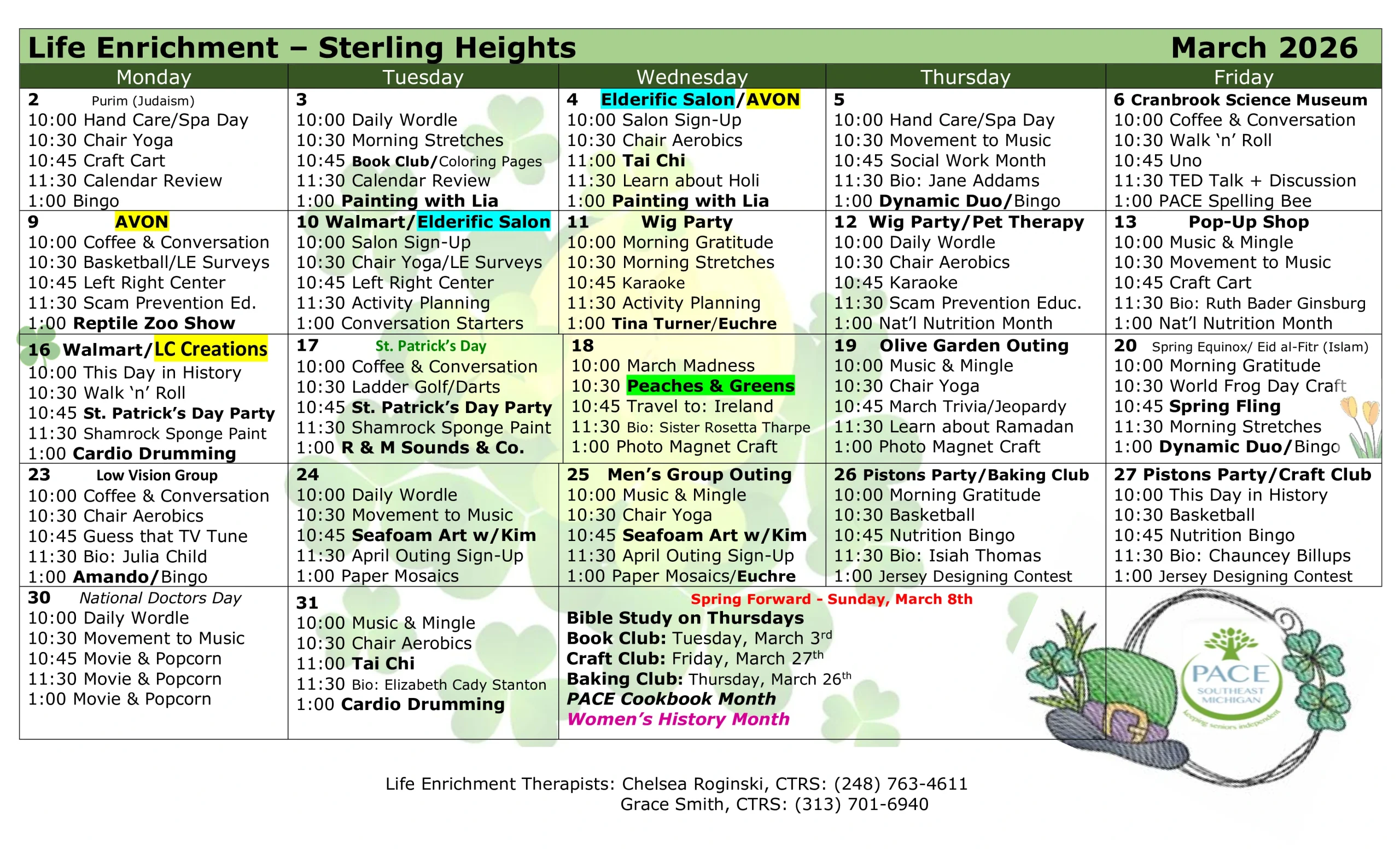 March 2026 Activity Calendar - Sterling Heights