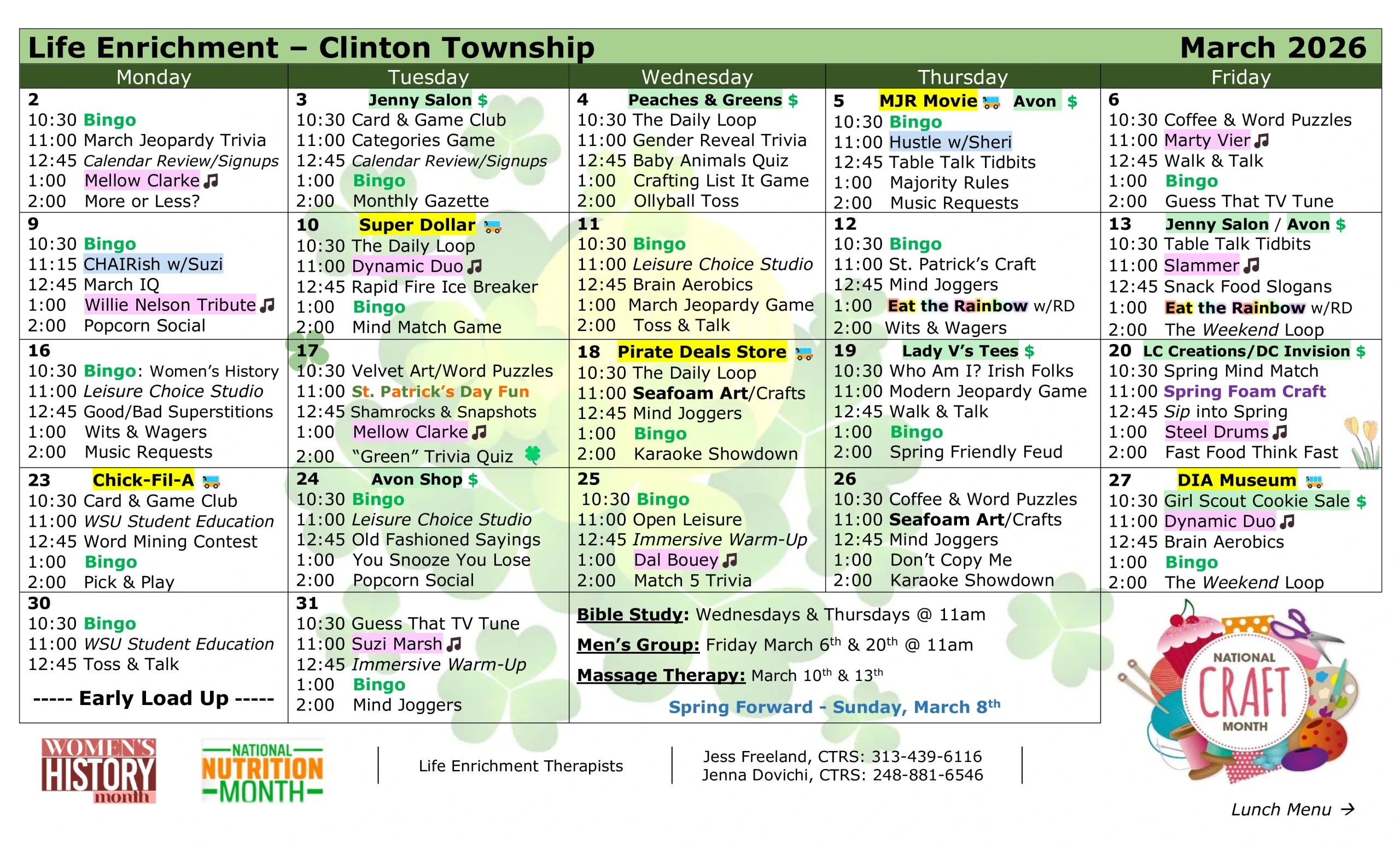 March 2026 Activity Calendar - Clinton Township