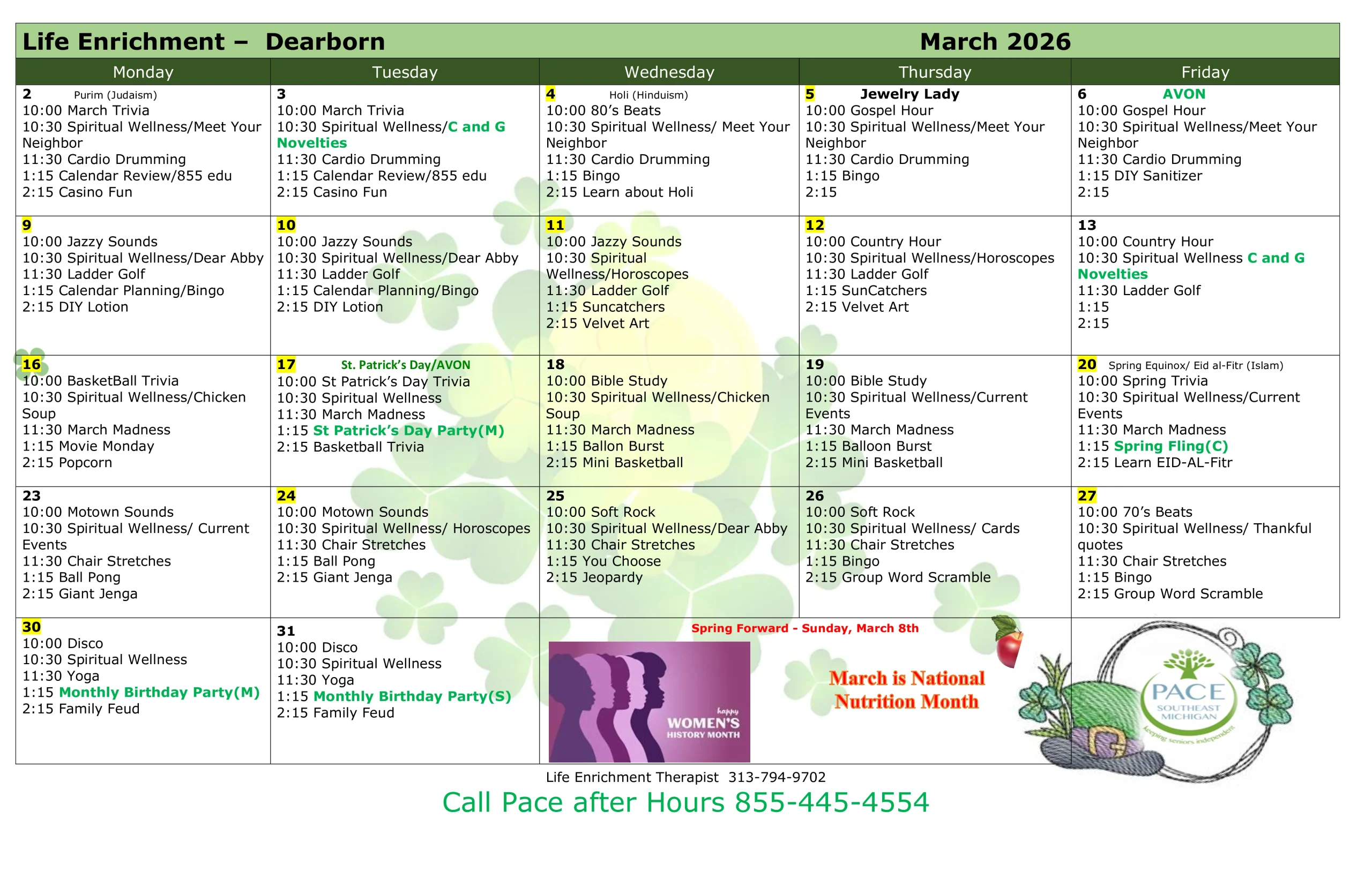 March 2026 Activity Calendar - Dearborn