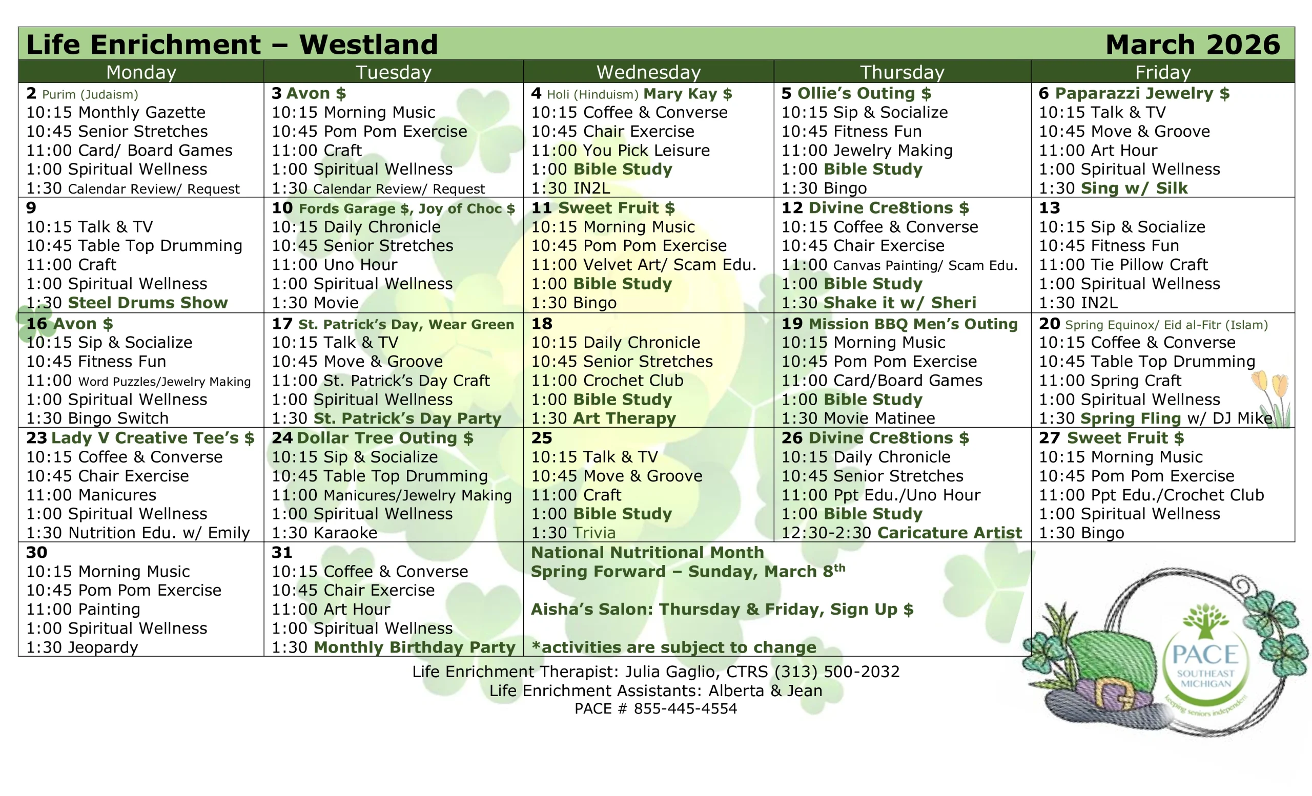 March 2026 Activity Calendar - Westland