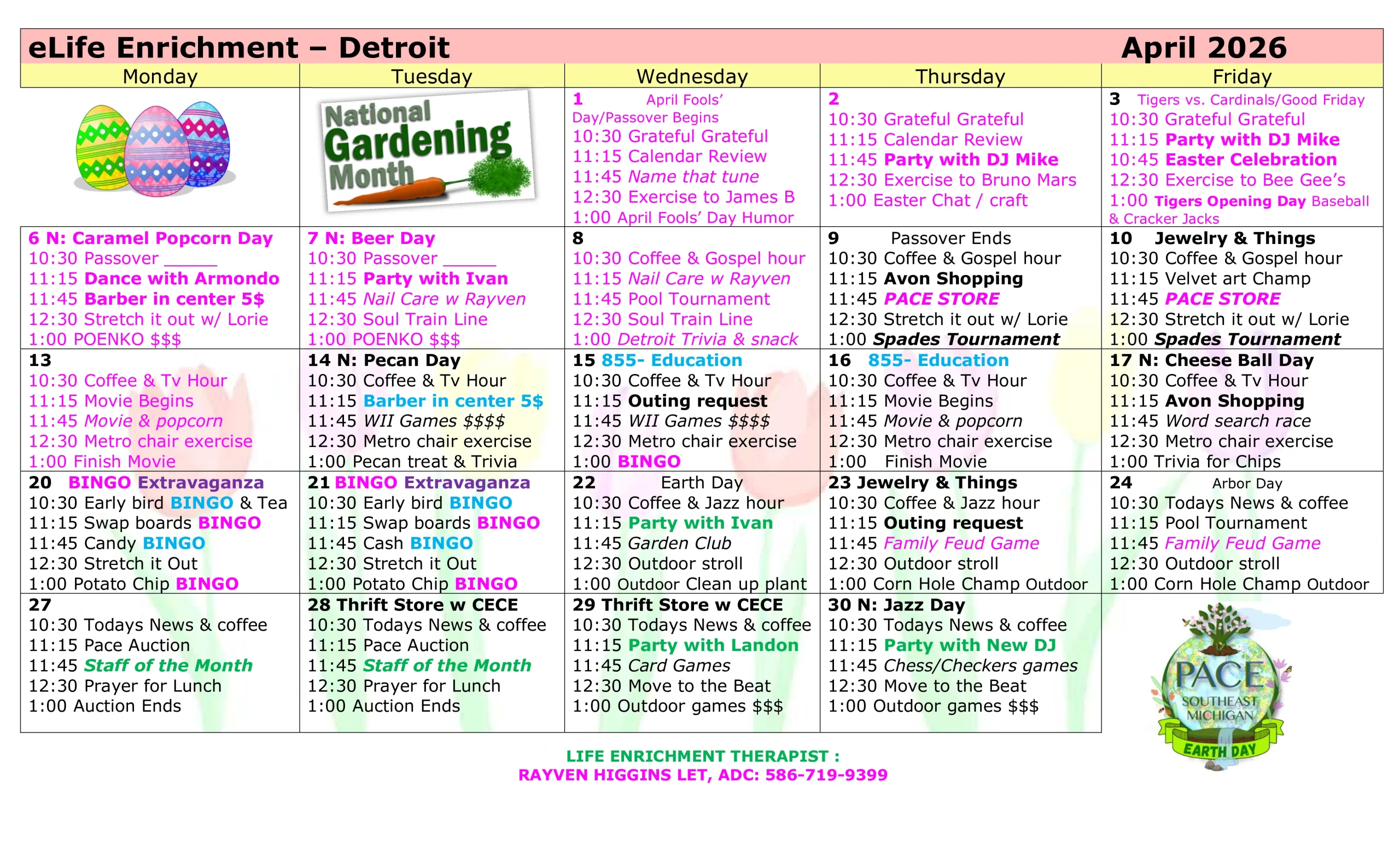 activities menu for april 2026 PACE Southeast Michigan - Detroit Center