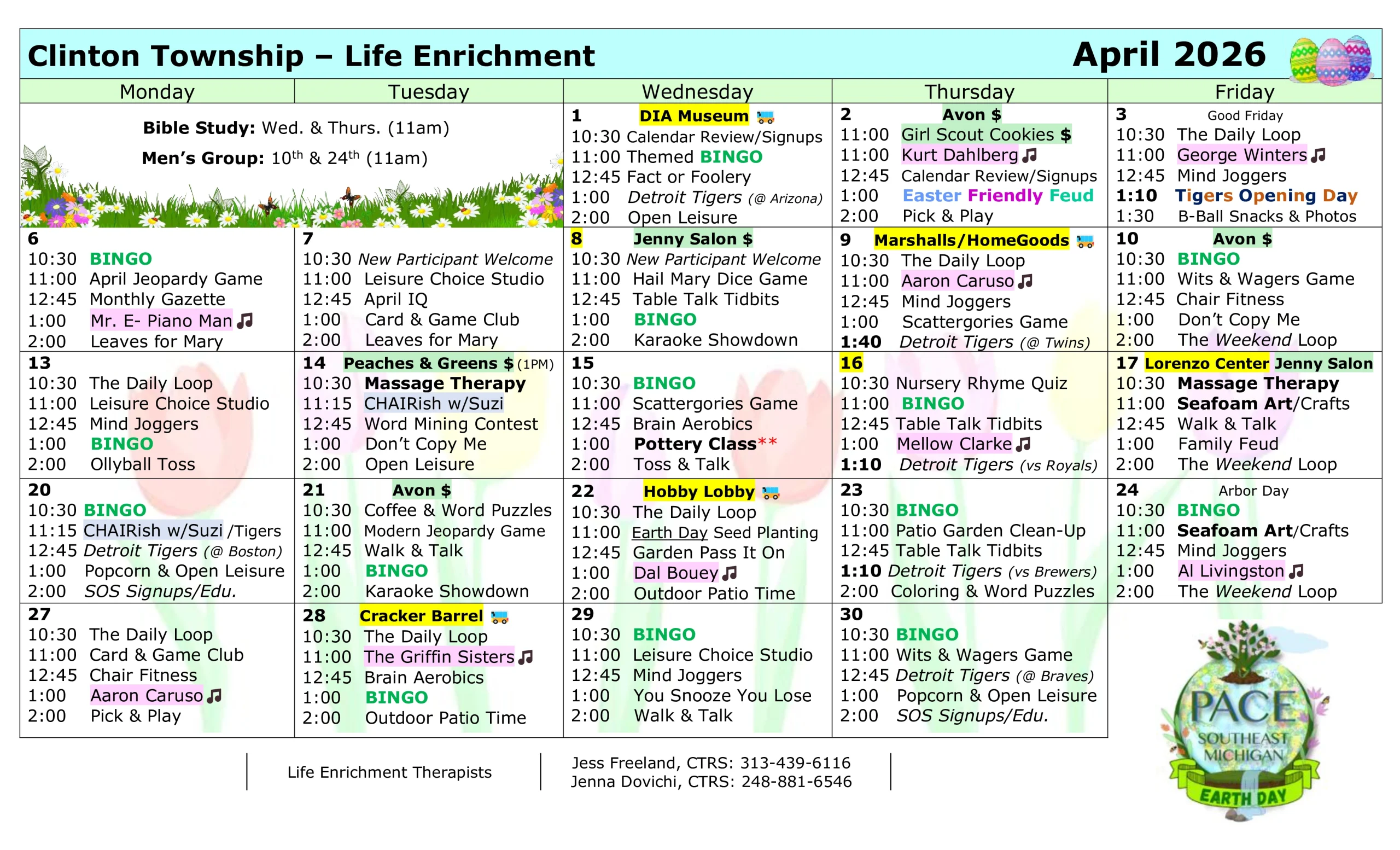activities menu for april 2026 PACE Southeast Michigan - Clinton Township Center