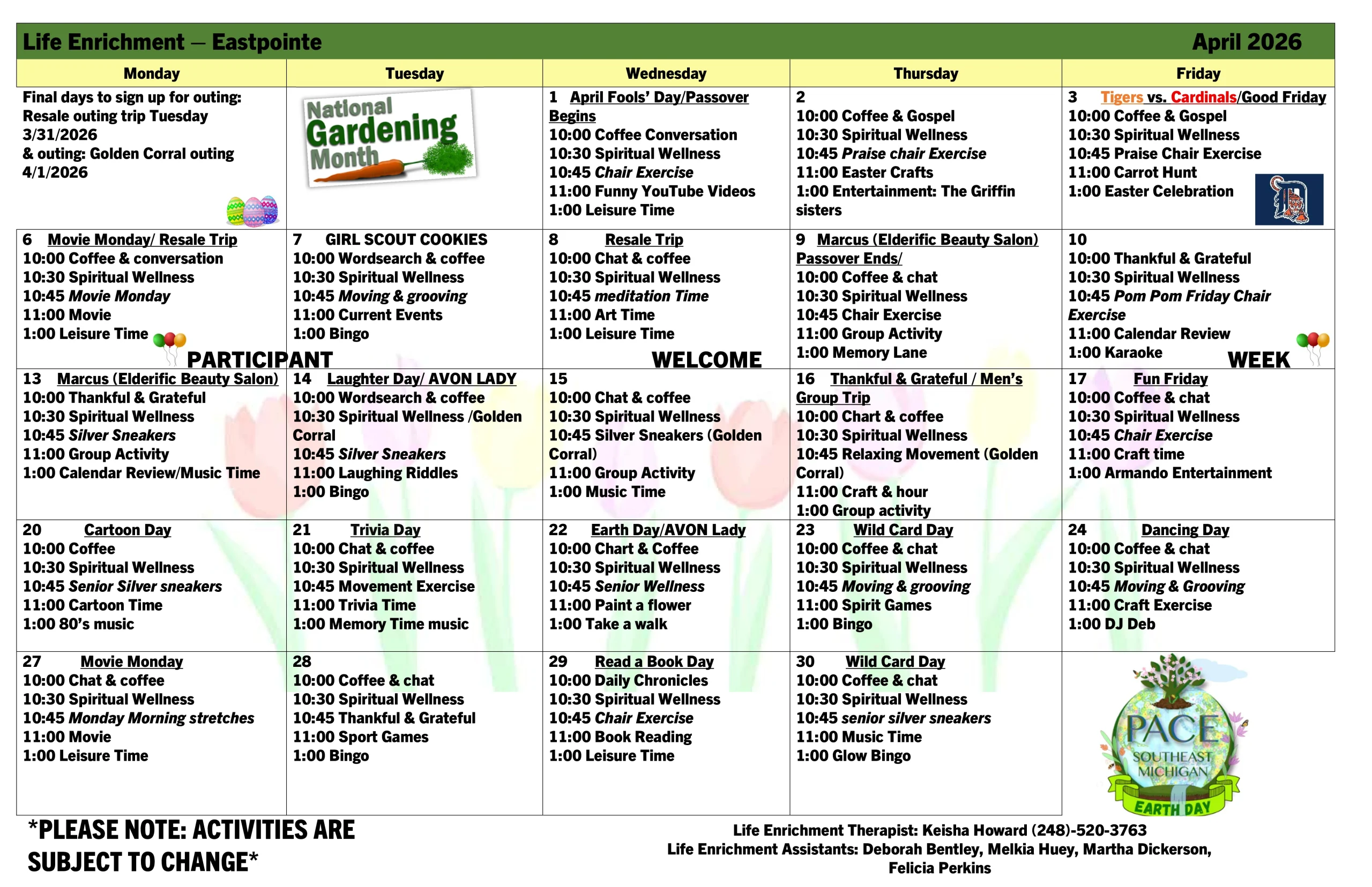 april 2026 activities calendar PACE Southeast Michigan - Eastpointe Center