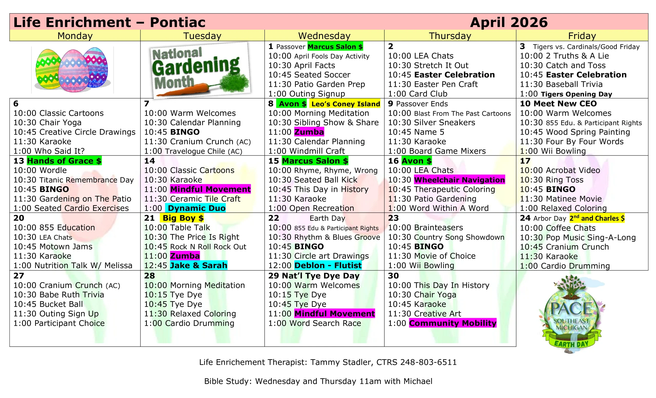 activities menu for april 2026 PACE Southeast Michigan - Pontiac Center