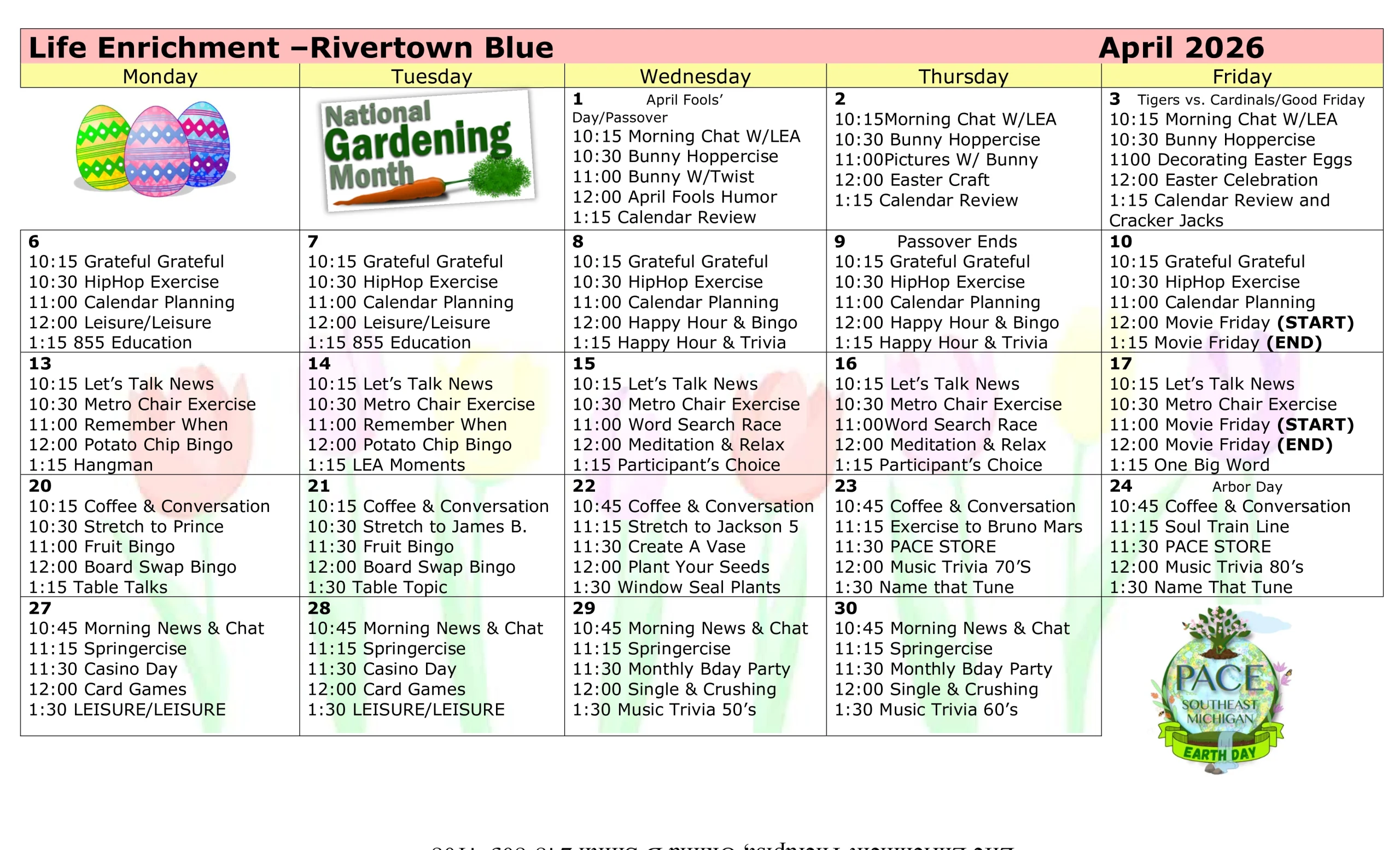 lunch menu for april 2026 PACE Southeast Michigan - Rivertown Center