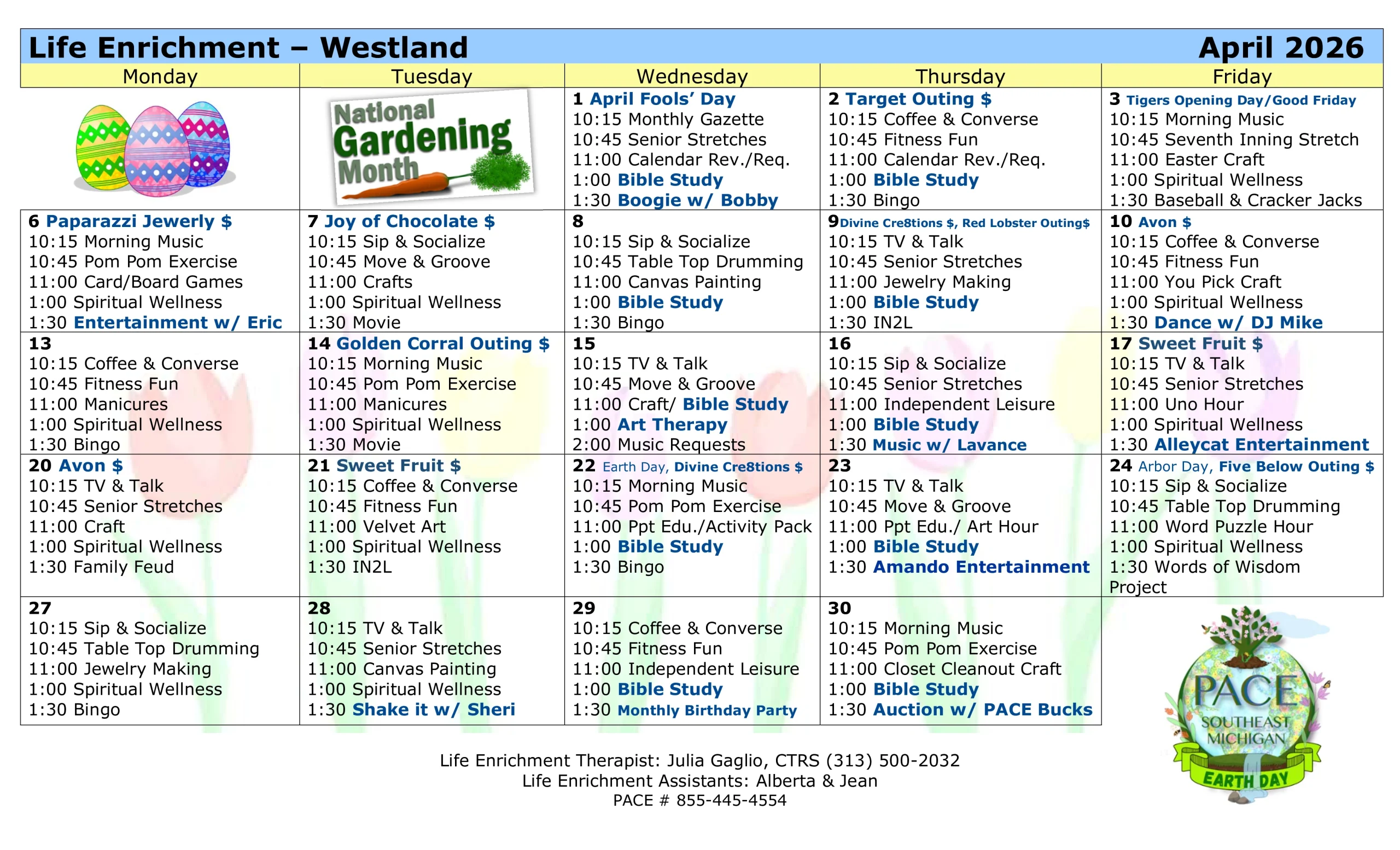 activities menu for april 2026 PACE Southeast Michigan - Westland Center