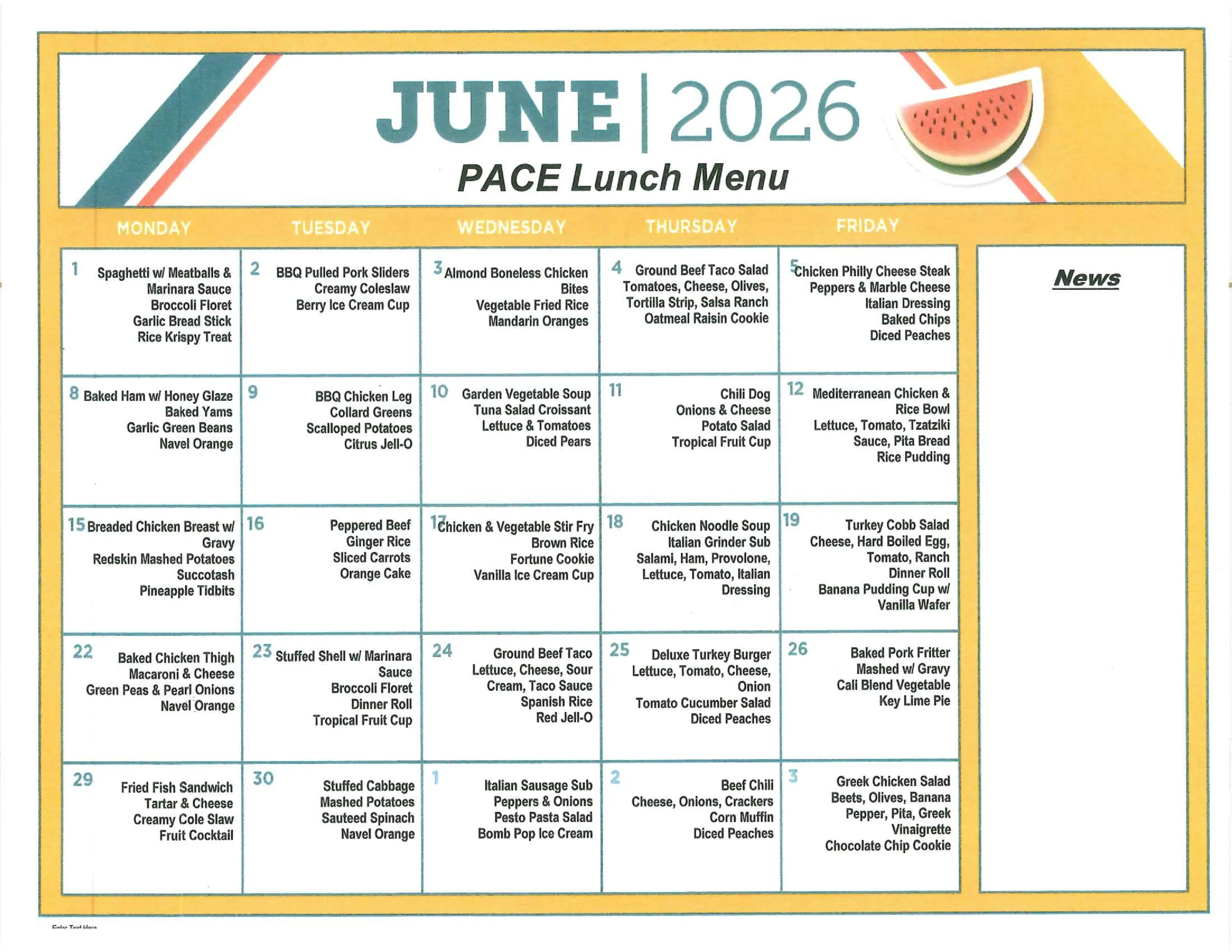 Lunch menu in calendar format for PACE Southeast Michigan