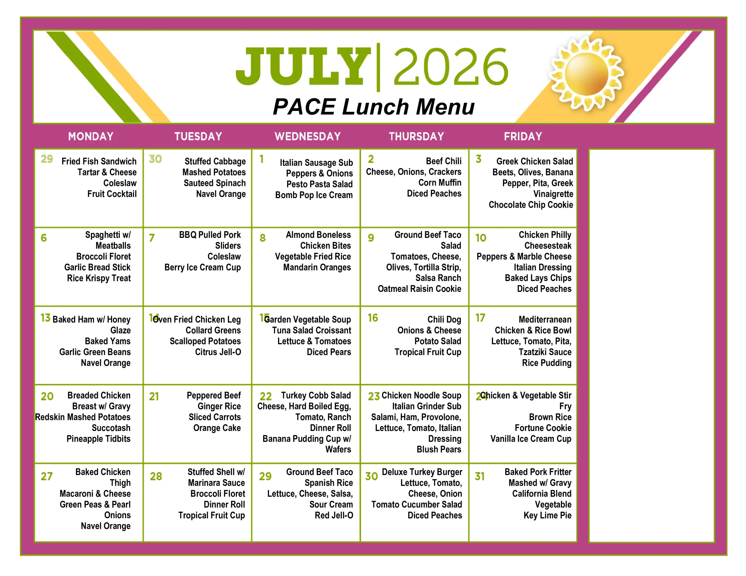 July-2026-pace-lunch-menu Lunch menu in calendar format for PACE Southeast Michigan July 2026