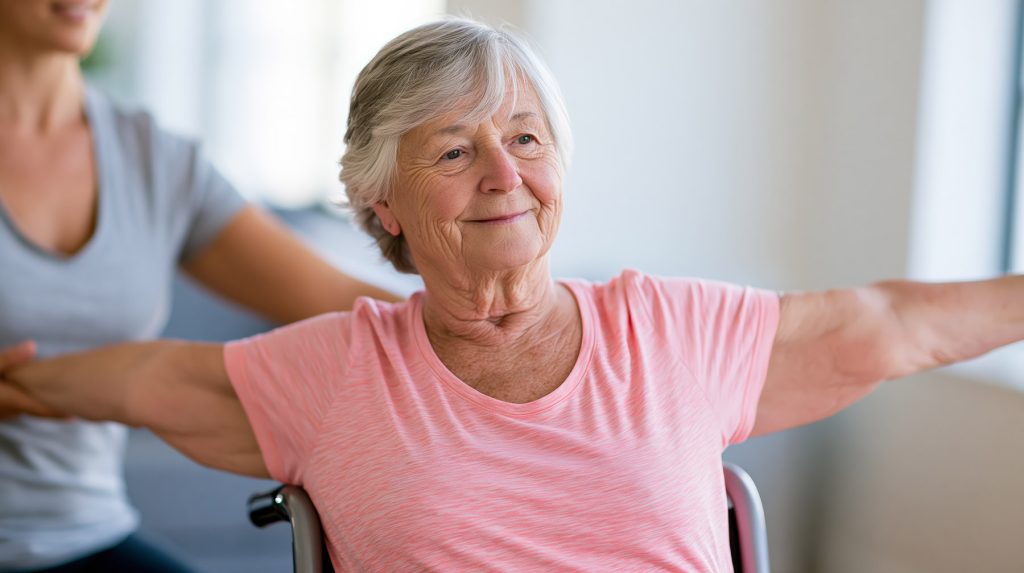 Closeup stock photo of an elderly person seated in a chair doing a gentle side-stretch yoga pose with arms extended to one side