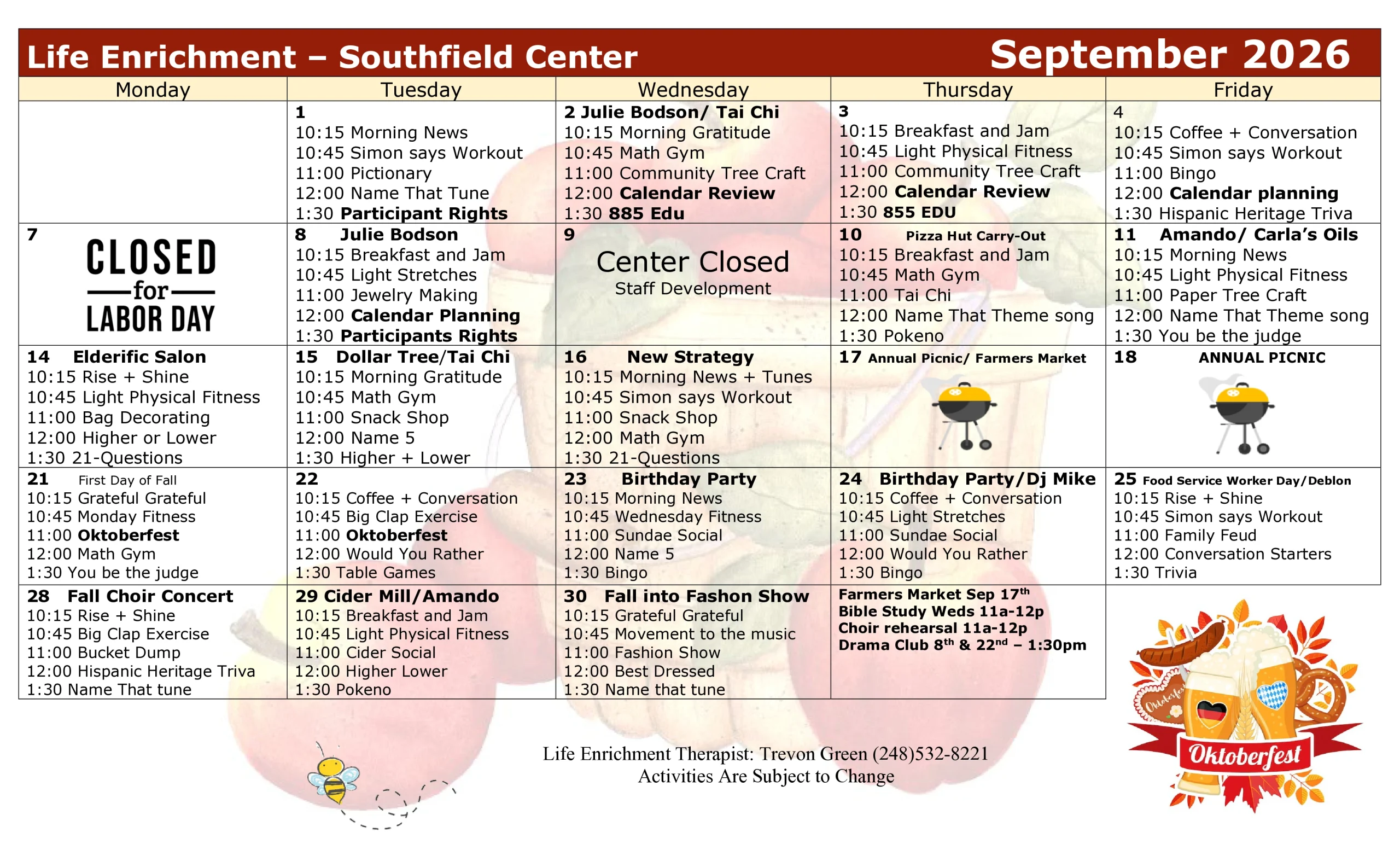 Activities calendar for PACE Southeast Michigan - Southfield - September 2026