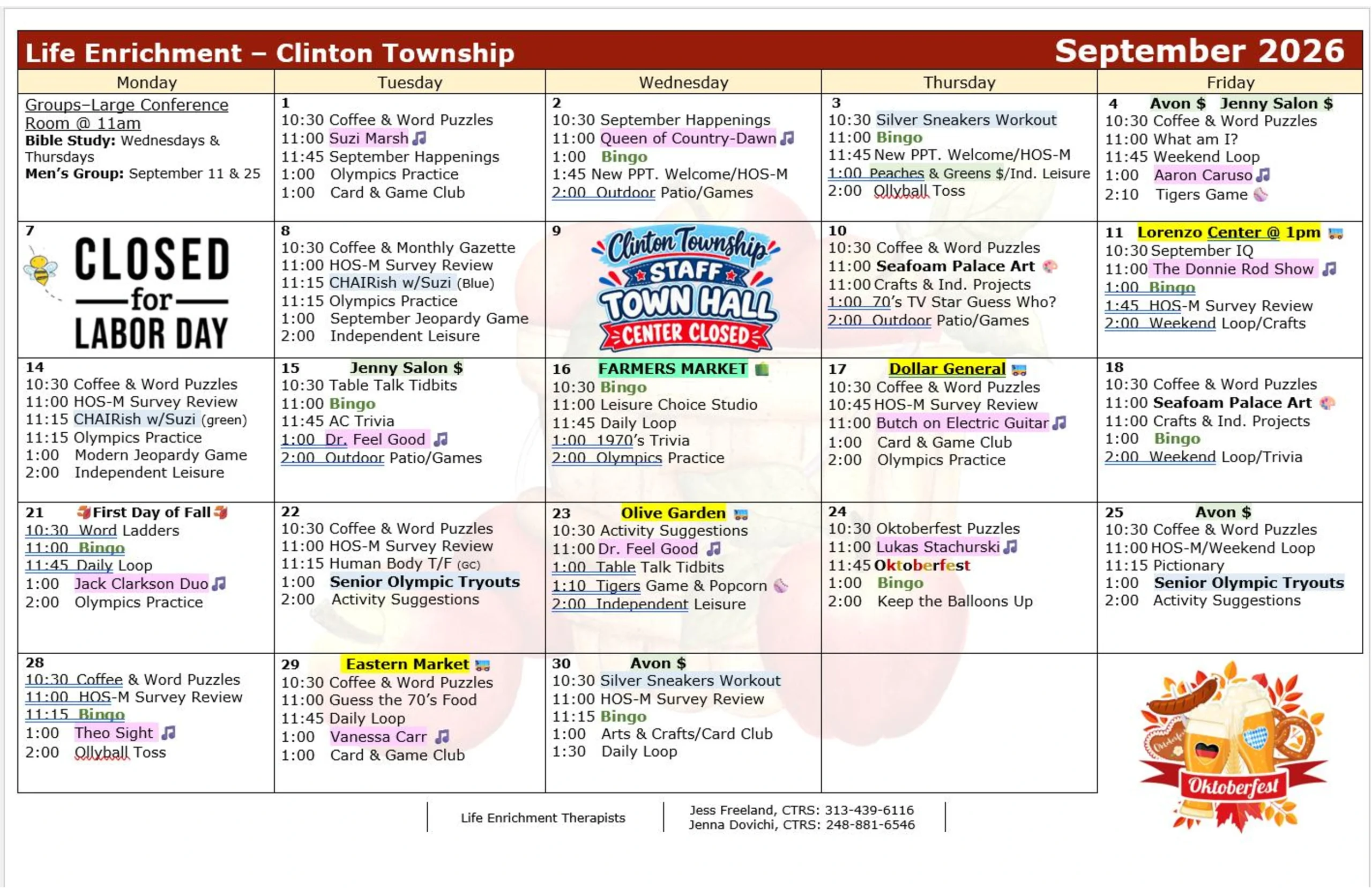 CLT Sept 2026 Activities calendar for PACE Southeast Michigan - Eastpointe - September 2026