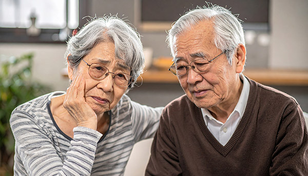 Elderly Asian couple looking sad